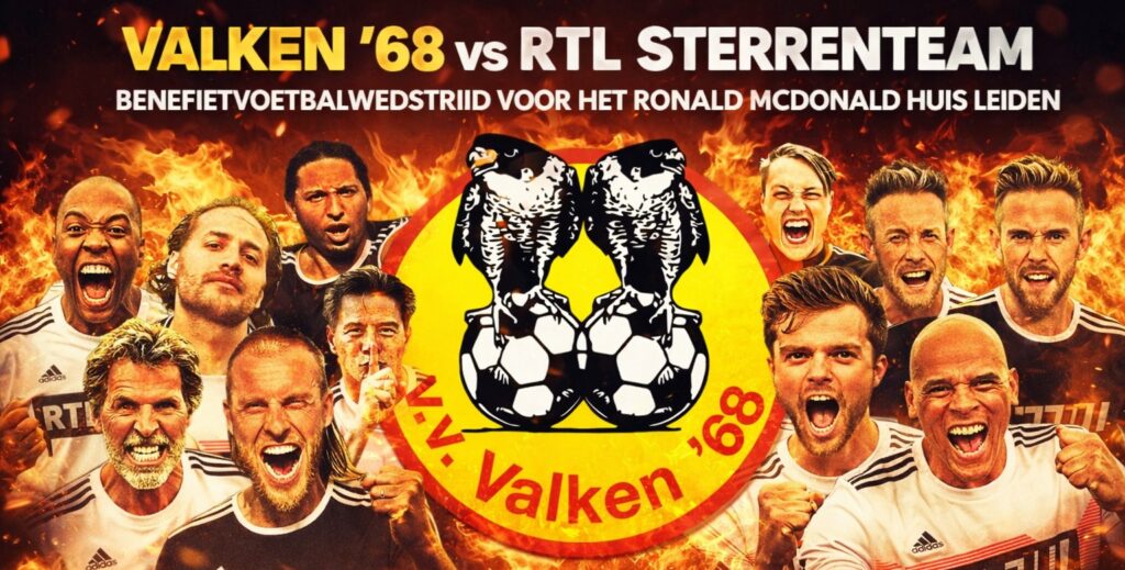 Aankondiging van de benefietwedstrijd Valken '68 tegen het RTL Sterrenteam